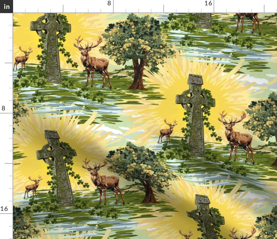 Red Deer Vintage Illustration Saffron Sunrise | Cabin Core Stag Yellow Bright Sun Rays | Shamrock Green Meadow Oak Trees | Deer Saffron Yellow