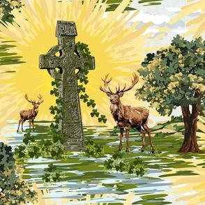Red Deer Scottish Highland Autumn Sun | Yellow Sun Rays Gray Skies Fall Deer | Sun Rise Celtic Cross Oak Tree Deer