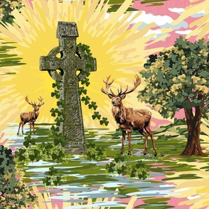 Buck Deer Summer Sundown  Carnation Pink Sky | Vintage Woodland Hart Summer Sunset | Lemon Yellow Sundown Celts | Celtic Cross Pink Sunset