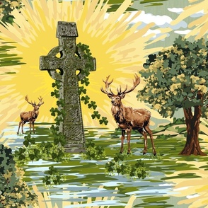 Red Deer Woodland Animals Citrine Yellow Sun Rays | Ireland Green Lucky Shamrock Celtic Cross | Green Shamrocks Stag Painterly Pattern | Butter Yellow Sunrise