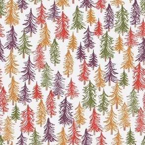 464 - Mini small scale Jelly bean Christmas pine tree forest in warm autumn tones of purple, mustard, deep coral and sap green -for nursery bedlinen, baby clothes, autumn table napkins, patchwork and crafts - non traditional Xmas decor