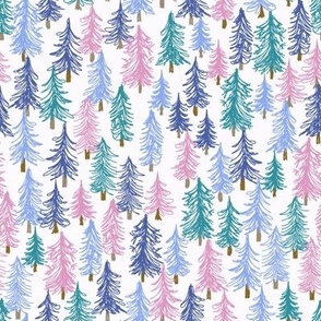464 - Mini small Scale Unicorn pine forest in candy pink, periwinkle blue, purple and turquoise  for home decor, wallpaper, table cloths, festive decor, Christmas crafts and cabin core projects