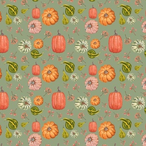  Pumpkin Patch Delight, Pumpkins and Gourds on Sage Backdrop, Fall Vibes