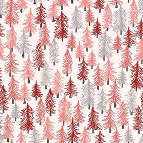 464 - Mini small scale pine tree forest in winter, in bold red orange, coral pink and soft greys - for nursery bedlinen, baby clothes, table napkins, patchwork and crafts - non traditional Christmas decor