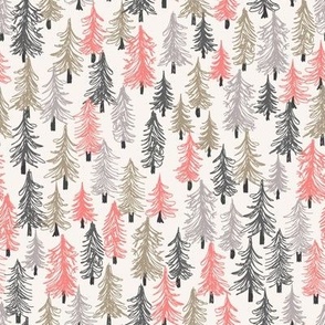 464 $ - Mini small scale pine tree forest in winter, in neutral taupe and greys with a pop of coral pink - for nursery bedlinen, baby clothes, table napkins, patchwork and crafts - non traditional Christmas decor