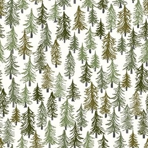 464 - Small scale pine tree forest woodland in winter, in dark green and olive green on neutral soft white background, for home decor, wallpaper, table cloths, festive decor, Christmas crafts and cabin core projects