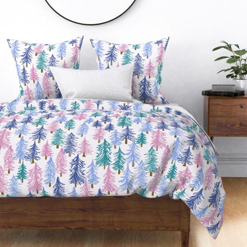 464 - Jumbo Scale Unicorn pine forest in candy pink, periwinkle blue, purple and turquoise  for home decor, wallpaper, table cloths, festive decor, Christmas crafts and cabin core projects