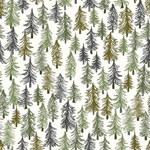 464 - Small mini scale fir pine tree forest woodland in winter, in dark olive green and charcoal on neutral soft white background, for home decor, wallpaper, table cloths, festive decor, Christmas crafts and cabin core projects