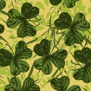 Lucky Charm Emerald Green Shamrocks | Citrine Yellow Background | St Patricks Day Ireland Green Shamrock | Hand Drawn Handcrafted Botanical Painterly Pattern