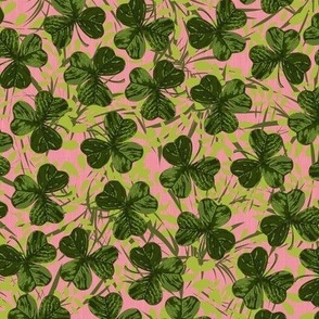St Patricks Day Shamrocks Flora Design,  Emerald Green Lucky Shamrock Coral Pink Background, Good Luck Hand Drawn Botanical Painterly Pattern, St Paddys Day Clover