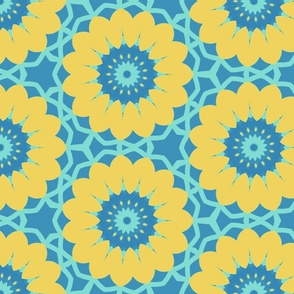 Bright flowers Lace Blue aqua yellow r35