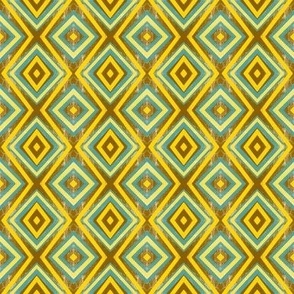 431 - Small mini scale distressed symmetry diamond pattern in bold vibrant turquoise, sunshine yellow and warm brown retro colours, for textured grungy wallpaper, table runners, napkins, cushions, sheet sets and masculine/teen apparel.