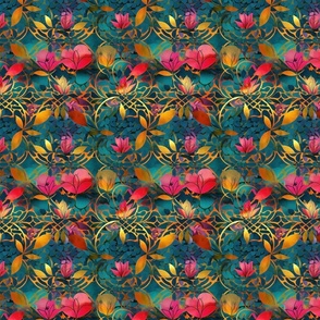 Gold line Batik in bright teal and pink