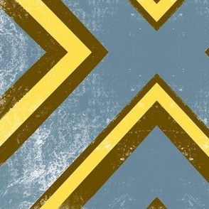428 - Large jumbo scale distressed symmetry diamond pattern in bold vibrant denim air force blue, yellow and brown retro colours, for textured grungy wallpaper, table cloths, curtains, sheet sets and duvet covers, masculine/teen vibes.