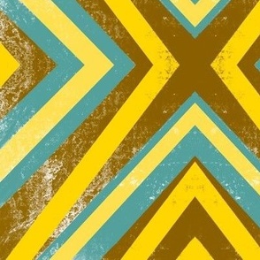 431 - Large jumbo scale distressed symmetry diamond pattern in bold vibrant turquoise, sunshine yellow and warm brown retro colours, for textured grungy wallpaper, table cloths, curtains, sheet sets and duvet covers, masculine/teen vibes.