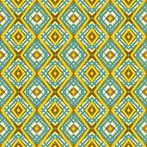 432 - Small mini scale distressed symmetry diamond pattern in bold vibrant  turquoise, sunshine yellow and warm brown retro colours, for textured grungy wallpaper, table runners, napkins, cushions, sheet sets and masculine/teen apparel.