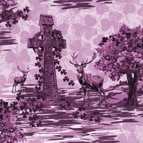 Purple Monochrome Toile De Jouy Purple and Lilac Countryside Great Prince Deer, Purple Monochromatic Clover Toile, Purple Palette Lilac Background Country Toile Forest Deer Fandango