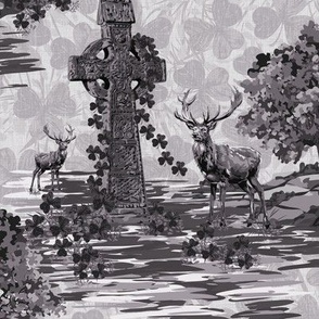 Grayscale Stag Prince of the Forest, Monochrome Buck Deer, Monochromatic Black and White Woodland Deer, Vintage Toile Winter Deer Celtic Shamrock, Animal Cottage Core Celtic Cross
