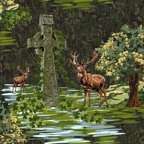 Highland Deer Woodland Nature, Emerald Green Trees, Celtic Cross Folklore, Cabincore Wildlife Stag
