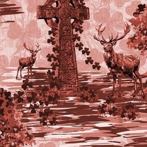 Burnt sienna monochrome woodland landscape vintage illustration. Reddy brown earthy tones monochromatic country wildlife scene of deer by Celtic cross