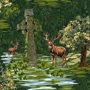 Deer Woodland Animals, Stag Antlers, Deep Green Forest Lucky Shamrocks Celtic Cross, St Patrick's Day Green Folk Art, Trees