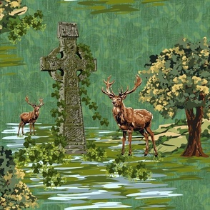St Patrick's Day Celtic Cross, Emerald Green Vintage Linen Texture Oak Tree, Stag Red Deer Woodland Animals, Ireland Green Folk Art