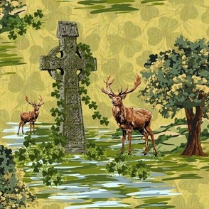 Celtic Cross Painterly Pattern, St Patricks Day Celebration, Green Woodland trees with Lucky Green Shamrock Clover, Wild Deer Buck in Yellow Sunshine Landscape