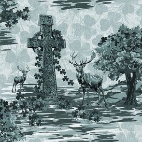 Blue Gray Toile De Jouy Deer Woodland Scene, Celtic Cross Folklore Blue Grey Monochrome St Patricks Day Design, Monochromatic Oak Tree
