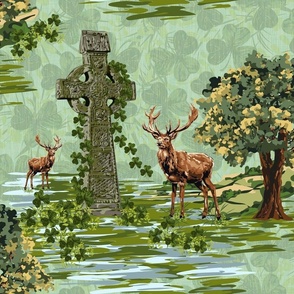 Rock of Cashel Celtic Cross, Buck Deer, Sage Green Woodland Tree, Shamrock Painterly Pattern Design, Outlander