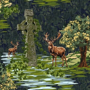 Buck Emerald Green Forest, St Patricks Day Celtic Cross, Irish Deer Woodland  Mountain Nature Trees