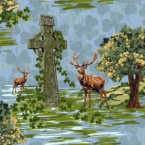 Highland Buck Stag Hunting, Celtic Cross Cornflower Sky Lucky Shamrock, Rustic Tree Deer 
