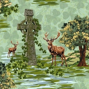 Buck Irish Green Meadow, Stone Celtic Cross Oak Tree Emerald Isle Woodland Deer Shamrock Clover