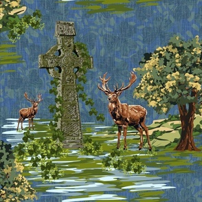 Celtic Cross Rock of Cashel Monument, St Patricks Day Ireland Stag Red Deer, Green Oak Tree, Light Navy Night Time Sky, Lucky Shamrock Clover