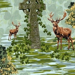 Gaelic Celtic Heritage Cross Ireland Stag, Red Deer Wild Deer, Sage Green Lucky Shamrock Clover Cabin Core 