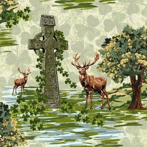 Beige Green  Lucky Shamrock Clover, Vintage Deer Stag Hart Bambi, Painterly Celtic Cross Pattern, Oak Tree Forest, Autumn Fall Celebration