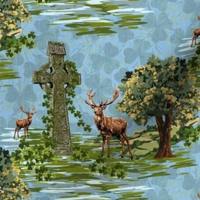 Deer Oak Tree Ringed Celtic Cross Heritage Monument, Azure Blue Lucky Clover Shamrock, Animals Woodland Stag Antler