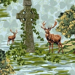 Irish Decor Green Woodland Red Deer, Light Blue Green Sky, Lucky Shamrock St Paddys Day Trinity Ireland