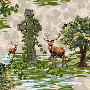 Hart Stag Green Woodland, Green Shamrock Celtic Clover, Celtic Cross Woodland St. Patrick's Day Decor