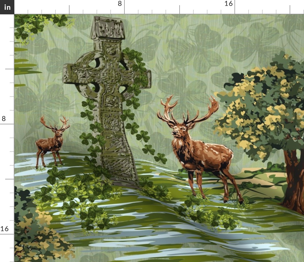 Celtic Cross Stag Sage Green Shamrock Woodland Deer, St. Patrick's Day Irish Farmhouse Tapestry Linen Texture Home Decor