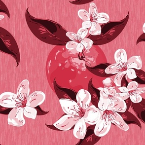 Garden Botanical, pink dark red, dark pink and White, Monochromatic Botanical Summer Bright Toile, Kitchen Wallpaper Curtains Table Linen Picnic Blanket