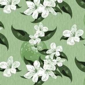 Hand Drawn Orange Blossom Botanical Fruit Wallpaper Pattern, Country Cottage Home Decor, Green on Green Monochrome Botanic Fruits, Fresh Apple Green and White, Kitchen Pantry Scullery Wall Table Linen