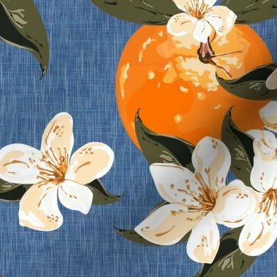 Bright Orange Country Home Décor Floral Wallpaper Painting, Country Home Decoration, Cream Blossom Flowers, Cobalt Blue Textured Linen, White Botanical Leafy Fruit Art