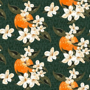 Orange Blossom Green Leaves with Painted Texture Fruit Design, Dark Green Textured Linen Botanic Oranges Fruits, Cream and White Blossom Flowers, Moody Botanical Dark Floral, 