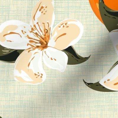 Bright Orange Blossom Garden Botanical, Food Wallpaper Painting Botanic Print, Cream and White, White Flowers, White Blossom Citrus Floral Blossom Tree, Summer Kitchen Wall Decor