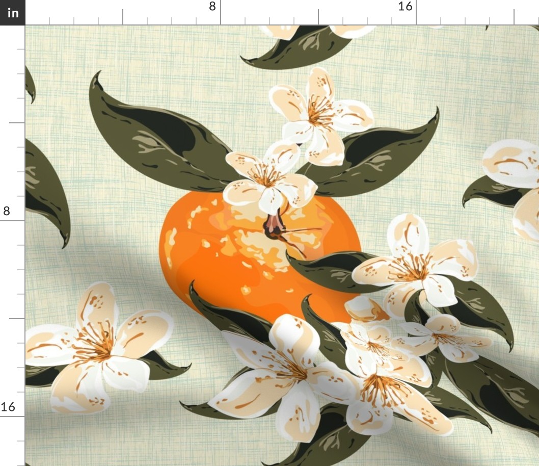 Bright Orange Blossom Garden Botanical, Food Wallpaper Painting Botanic Print, Cream and White, White Flowers, White Blossom Citrus Floral Blossom Tree, Summer Kitchen Wall Decor