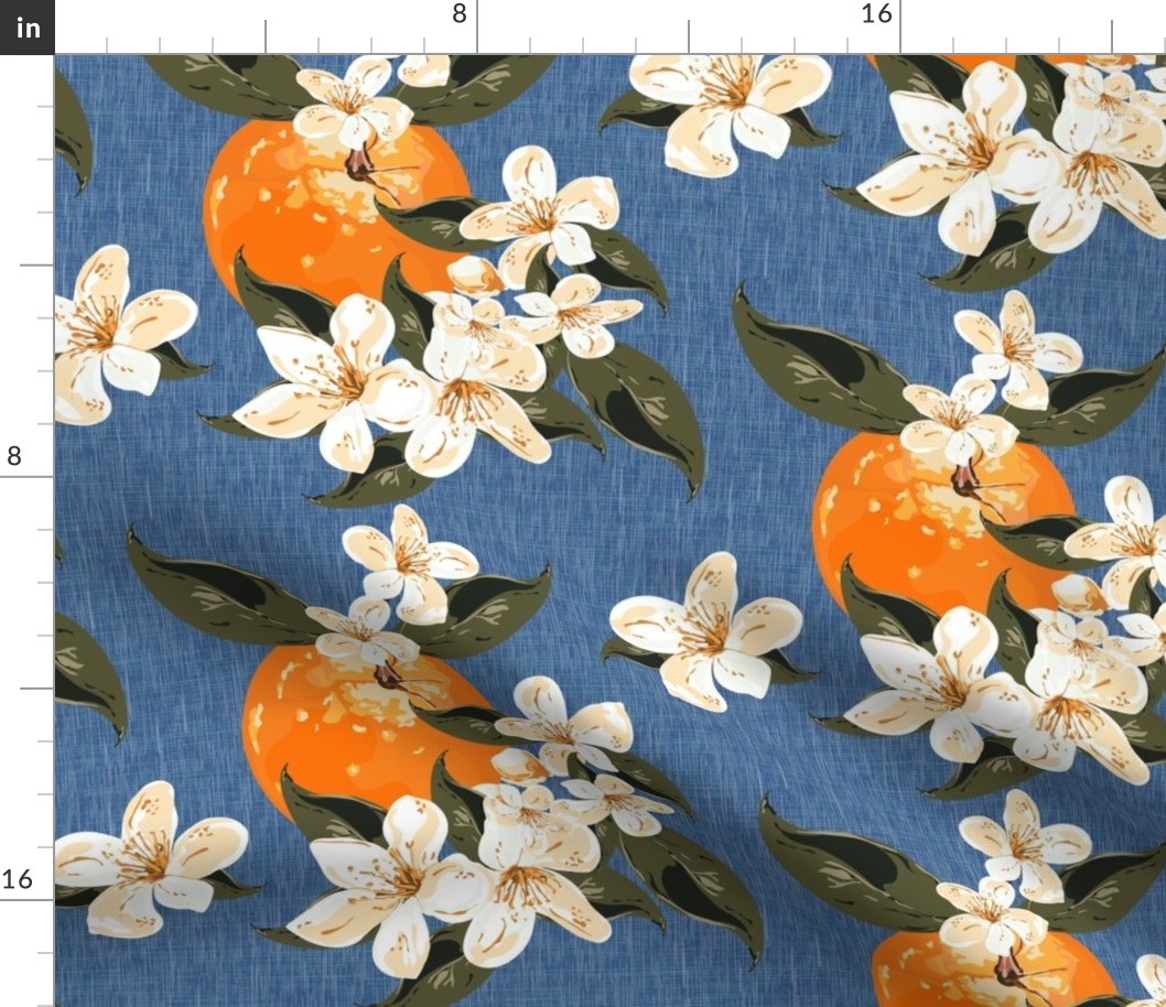 Hand Drawn Illustrated Painted Texture Orange Fruit Floral Design, Healthy Oranges kitchen Decor, Summer Fruits Citrus Floral Blossom Tree, Healthy Food, Textured Woven Pattern, Blue Green Textured Floral Cottage Illustration, Orange Spring Citrus Blossom