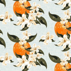 Bright Orange Fruit Design, Botanical Paradise Textured Linen, Orange Summer Fruits Kitchen, Woven Texture, Cream and White, Orange and Green, Oranges Blossom Fruit Flowers