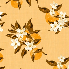 Illustrated Farmhouse Wallpaper Toile Art, Pastel Orange Summer Fruit Garden, Fresh Oranges Tree Branch, Orange and White Citrus Floral Blossom Tree, Spring Blossom, Summer Oranges