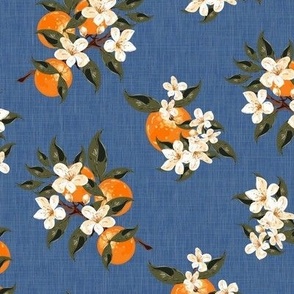 Spring Botanical Kitchen Food Theme Decor, Cream Blossom Flowers and Green Leaves, Orange Blue Green Fruit Illustration, Fresh Oranges Orange Tree, Dark Blue Cottage Botanic Garden Pattern