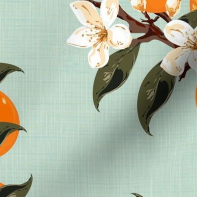 Hand Drawn Farmhouse Wallpaper, Orange Botanical Fruit Floral, Tropical Oranges Blossom Flowers, Vintage Teal Blue Green Textured Linen, Cottagecore, Kitchen Citrus Floral